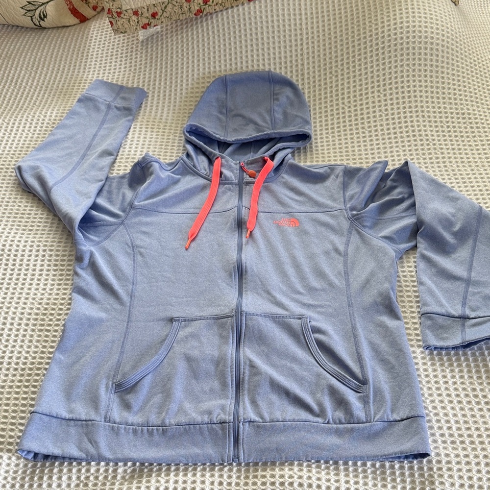 The North Face Light Blue Hoodie with Coral Drawstrings